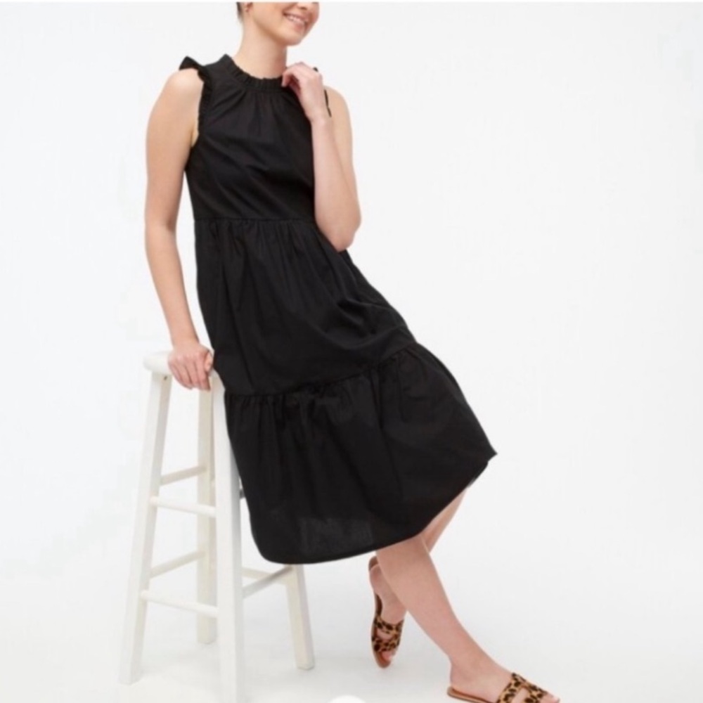 J.Crew Tiered Ruffle Sleeve Cotton Poplin Black Dress Size 0